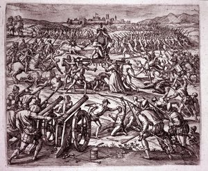 En dominikansk munk, som føler seg hånet av inka-kongen Atahualpa (Atabaliba), oppfordrer Francisco Pizarro til å ta hevn (Gravering av Theodore de Bry
