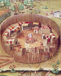 En Pomeiok indisk befestet landsby, illustrasjon fra Admiranda Narratio, av Theodore De Bry av Theodore de Bry
