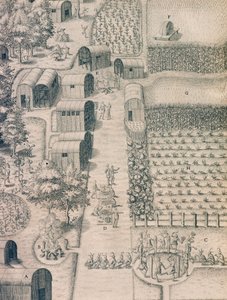 En innfødt indisk landsby omgitt av dyrket mark i Virginia av Theodore de Bry
