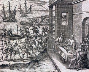 Avtale mellom Francisco Pizarro, Diego de Almagro og Hernando de Luque om å utforske og utnytte Peru av Theodore de Bry