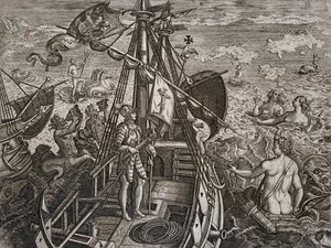 Allegori om reisen til Christopher Columbus til oppdagelsen av den nye verden, gravering av Theodor de Bry (1528-1598) av Theodore de Bry
