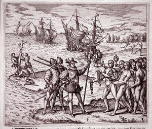 Ankomst av Christopher Columbus på øya Hispaniola i Vestindia (Gravering av Theodore de Bry