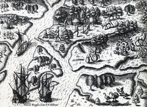 Frenchs ankomst til Port Royal i 1564, av Theodor de Bry (1528-1598) fra maleri av Jacques le Moyne de Morgues (ca 1533-før 1588), gravering av Theodore de Bry
