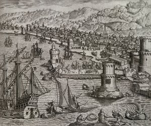 Ankomst av Girolamo Benzoni i havnen i Las Palmas under hans reise til Amerika (1541), Kanariøyene, gravering av Theodor de Bry (1528-1598) av Theodore de Bry
