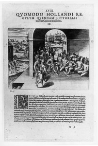 Ankomsten av de nederlandske lederne i Guinea: Forhandlingene om kjøp av slaver som skal selges tilbake til de spanske conquistadorene, fra "Petits Voyages", 1585-88 av Theodore de Bry