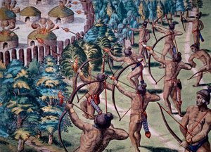 Angrep på landsbyen med flammende piler, gravering fra Narratio In Floridae av Theodore de Bry