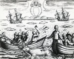 Aurora borealis og hvitbjørnjakt under tredje ekspedisjon ledet av William Barents (ca 1550-1597) på jakt etter Nordøstpassasjen i 1596, av Theodor de Bry (1528-1598), gravering av Theodore de Bry