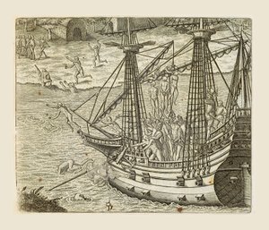 Bartolomeo Diaz henger noen indianere på karavel, gravering av Theodor de Bry (1528-1598) fra Amerika av Theodore de Bry