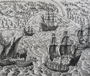 Slag foran byen Matical i Bengalbukta, gravering fra Indiae Orientalis, av Theodor de Bry (1528-1598) av Theodore de Bry