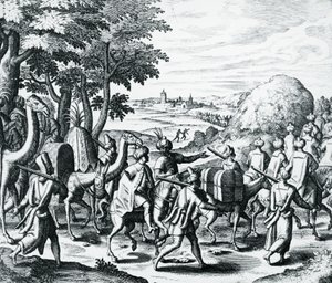 Karavane av arabiske kjøpmenn som reiser fra Aleppo til Basra, gravering fra Grands and Petits Voyages, av Theodor de Bry (1528-1598), Midtøsten av Theodore de Bry