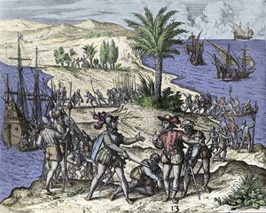 Christopher Columbus og hans bror ble arrestert av Francisco de Bobadilla i 1500. Gravering av Théodore de Bry (1528-1598). av Theodore de Bry