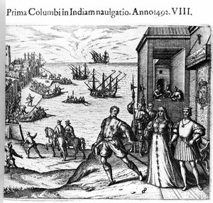 Christopher Columbus og Pinzon-brødrene forlot havnen i Palos i Spania 03.08.1492 til den nye verden. Høyre Kongen og dronningen av Portugal katolske Ferdinand II av Aragon og Isabella Iere av Castilla. Gravering av Theodore de Bry i "" Admirante av Theodore de Bry