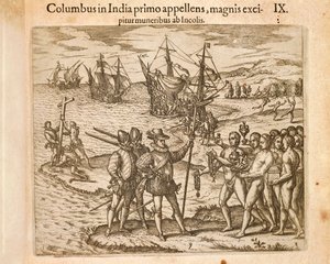 Christopher Columbus lander på øya Guanahani (San Salvador) 12. oktober av Theodore de Bry