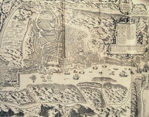 Byen Goa i India, gravering av Theodor de Bry (1528-1598) fra reiseberetning om sjømannen Jan Huyghen van Linschotens reise til portugisisk Øst-India 1579-1592), 1500-tallet av Theodore de Bry