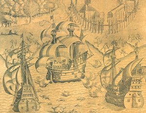 Sammenstøt mellom franske og portugisiske skip i Atlanterhavet for besittelse av Brasil, illustrasjon fra amerikansk historie av Theodore de Bry av Theodore de Bry