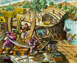Bygging av en båt for den spanske navigatøren Vasco Nunez de Balboa (1475-1517) Gravering fra "History of the Americas" av Theodore de Bry (1528-1598) 1500-tallet. Privat samling av Theodore de Bry