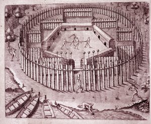 Forsvarssystem av de indiske hyttene ved en dobbel rad med trestammer plantet rundt. De avkuttede hodene til fiender er plassert på toppen (gravering av Theodore de Bry