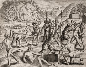 Beskrivelse av forbrytelser påført indianere av spanske nybyggere - Conquistadorer massakrerer en indisk landsby. Amputations des mains - Gravering av Theodore de Bry i "Fortellingen om noen av de mest henrykte indianerne av spanjolene" av Bartolome d av Theodore de Bry