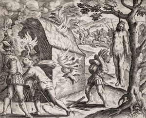 Beskrivelse av forbrytelser påført indianere av spanske nybyggere - Brann i en indisk landsby av conquistadorene. Hanging - Gravering av Theodore de Bry i "Den sanneste historien om noen av de ødelagte spanjolene" av Bartolome de las Casa av Theodore de Bry