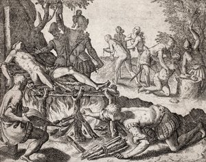Beskrivelse av forbrytelser påført indianere av spanske nybyggere - Scene for tortur av indianere av spanske conquistadorer. Tortur på en grill, amputasjon av hender - Gravering av Theodore de Bry i "" Narratio regionum indicarum per Hispanos quosdam devas