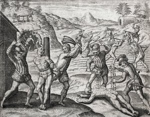 Beskrivelse av forbrytelser påført indianere av spanske nybyggere - Spanjoler som torturerer indianere - Gravering av Theodore de Bry i "Brevisima Relacion de la Destruction de las Indias"" av Bartolome de las Casas (1484-1566)