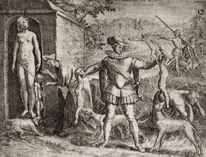Beskrivelse av forbrytelser påført indianere av spanske nybyggere - Spanske conquistadorer massakrerer indiske kvinner og barn. Henger. Children jetes aux chiens - Gravering av Theodore de Bry i "" Narratio regionum indicarum per Hispanos quosdam devastata av Theodore de Bry