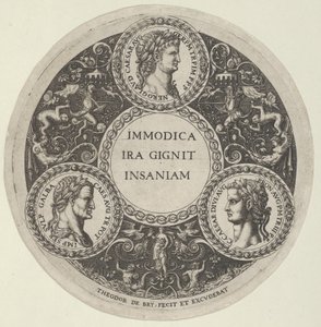 Design for en tallerken med portretter av de romerske keiserne Nero, Galba og Caligula, ca. ..., ca. 1588. av Theodore de Bry