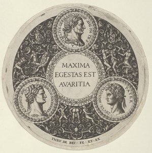 Design for en tallerken med portretter av de romerske keiserne Vitellius, Domitian og August..., ca. 1588. av Theodore de Bry