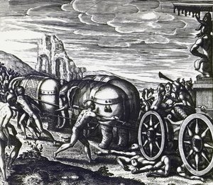 Hengivne blir knust av vogn under prosesjon av idol, av Theodor de Bry (1528-1598), gravering av Theodore de Bry