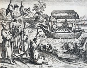 Dignitærenes gate, fra reise foretatt av Jan Huyghen van Linschoten (1563-1611) mellom 1583 og 1592, gravering fra India Orientalis av Theodor de Bry (1528-1598), Kina av Theodore de Bry