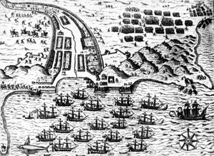 Drake fanget båten "" Saint Giacomo"" på øya Capo Verde, i 1585, av De Bry av Theodore de Bry