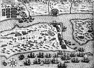 Drake fanger båten "" Saint Augustin "", i 1586, av De Bry av Theodore de Bry