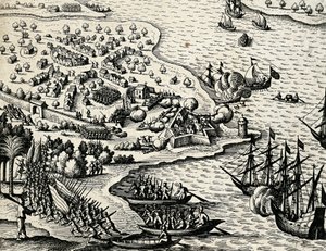 Nederlandsk ekspedisjon langs kysten av Mosambik, gravering fra India orientalis av Theodor de Bry (1528-1598) av Theodore de Bry