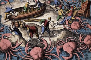 Europeiske navigatører som kjemper mot stor krabbe. Gravering fra "Petities voyages aux Indes Orientales" av Theodore de Bry av Theodore de Bry