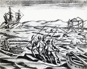 Ekspedisjon ledet av William Barents (ca 1550-1597) på jakt etter Nordøstpassasjen, fra Peregrinationes, av Theodor de Bry (1528-1598), gravering av Theodore de Bry