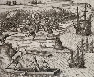 Kamp mellom Christopher Columbus og Francesco Poresio på Jamaica, gravering av Theodor de Bry (1528-1598) av Theodore de Bry