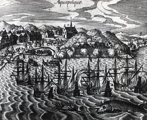 Flåte av galleoner i Acapulco Port, av Theodor de Bry (1528-1598), gravering av Theodore de Bry