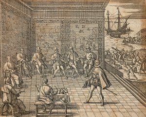 Francisco Pizarro forbereder seg på sin ekspedisjon til Sør-Amerika, av Theodor de Bry av Theodore de Bry