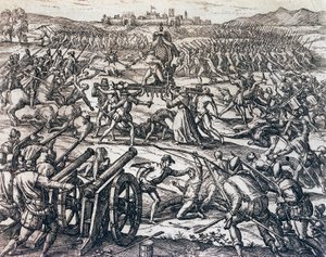 Francisco Pizarros (cirka 1475-1541) tropper som fanget inkakeiseren Atahualpa under slaget ved Cajamarca, 16. november av Theodore de Bry
