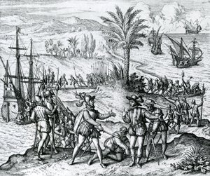 Francisco de Bobadilla ankommer som guvernør og arresterer Christopher Columbus (1451-1506) i Hispaniola, 1500, 1590 av Theodore de Bry