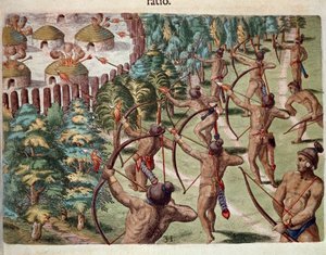 Amerikas historie: "" En indianerstamme angriper en landsby i Florida om natten"" Gravering fra "" Admirante Narratio Americae"" av Theodore de Bry (1528-1598) av Theodore de Bry