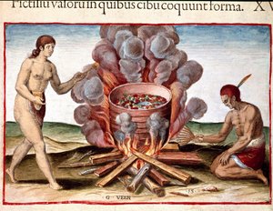 History of America: "Indian Cooking Fish"-gravering fra "The Admirable Narrative of America" ​​av Theodore de Bry (1528-1598) av Theodore de Bry