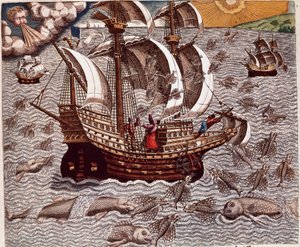 Amerikas historie: "" Reise med spanske karaveller omgitt av flygende fisk"" Resit av reisene til Hans Staden, tysk oppdagelsesreisende som dro med de spanske flåtene til Brasil, tatt til fange av Tupinamba-indianerne. Gravering fra «Americae tertia pars m av Theodore de Bry
