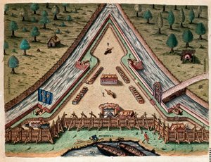 History of America: "Life of Fort Carolina, Bastion of Carolina" "Gravering fra "Admirante Narratio Americae"" av Theodore de Bry (1528-1598) etter en tegning av Jacques le Moyne (de Morgues) (1533-1588) av Theodore de Bry