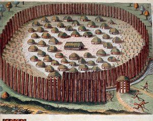 Amerikas historie: "" Representasjon av en indisk landsby befestet i Florida"" Gravering fra "" Admirante Narratio Americae"" av Theodore de Bry (1528-1598) av Theodore de Bry