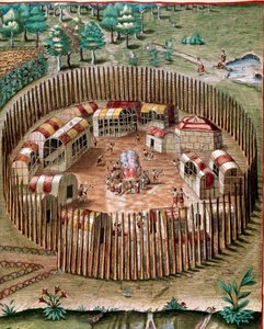 Amerikas historie: "" Representasjon av den befestede byen Pomeiock eller Pomeiooc i Virginia i 1585""" Gravering fra "" Admirante Narratio Americae""" av Theodore de Bry (1528-1598) av Theodore de Bry