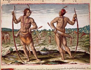 Amerikas historie: "" To innbyggere i Virginia, indiske våpen med piler og bue"" Gravering fra "" Admirante Narratio Americae"" av Theodore de Bry (1528-1598) av Theodore de Bry