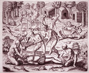 History of America: beskrivelse av torturen som indianerne påførte spanske nybyggere, helle gull i munnen deres og kuttet medlemmene deres for å spise dem (Gravering