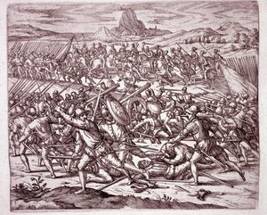 History of America: kamper mellom hærene til Vaca de Castro og Almagro junior etter døden til Francisco Pizarro og Diego de Almagro (Gravering av Theodore de Bry