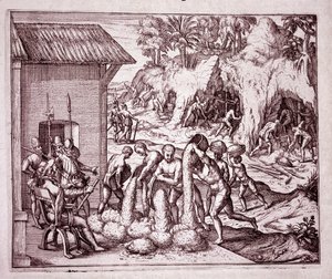 Amerikas historie: spanjolene utnytter gullgruvene (gravering av Theodore de Bry